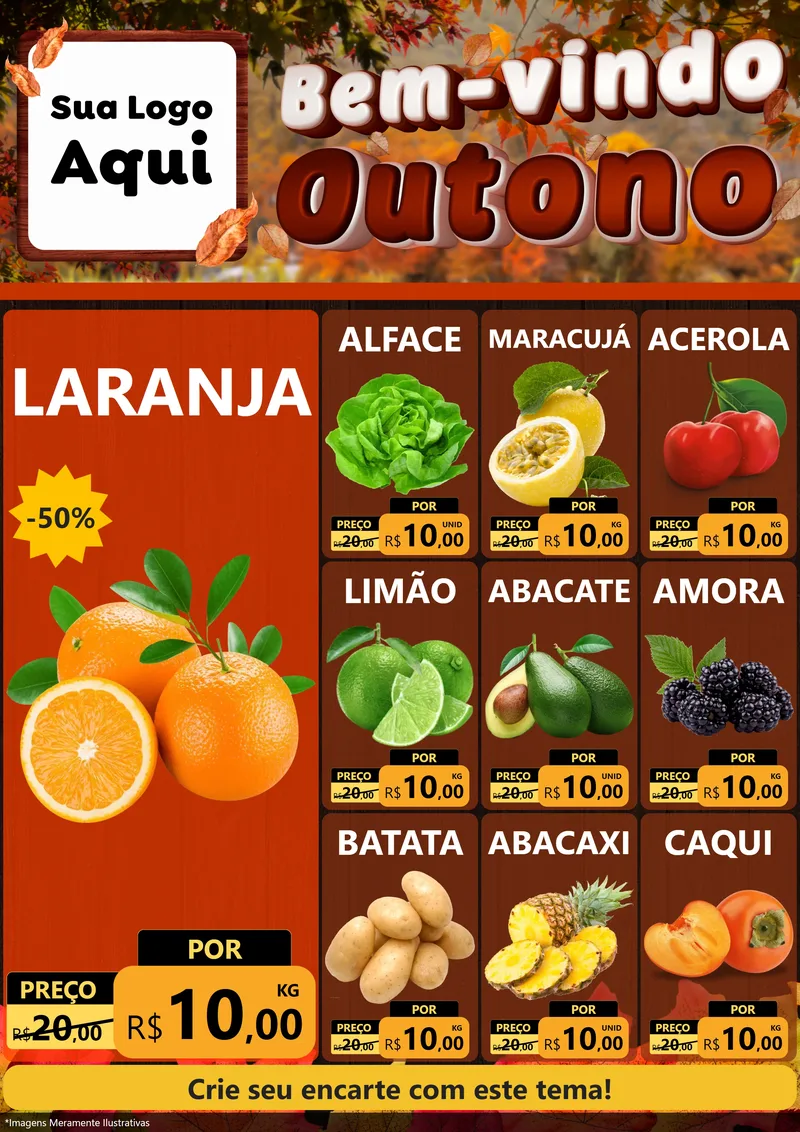 Modelo de Encarte para Encarte A4 Vertical com o tema Bem-vindo Outono para Hortifrúti