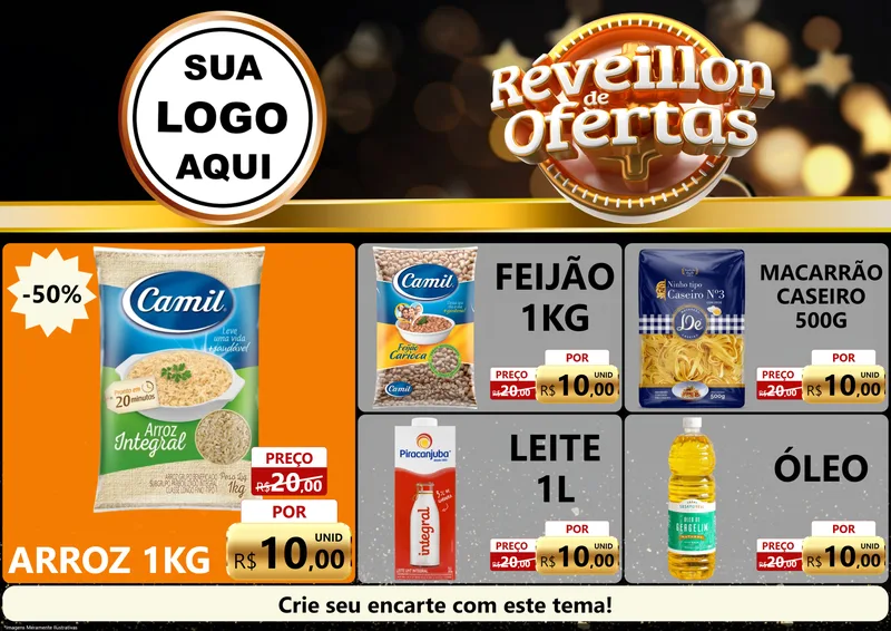 Modelo de Encarte para Encarte A4 Horizontal com o tema Réveillon de Ofertas para Supermercado
