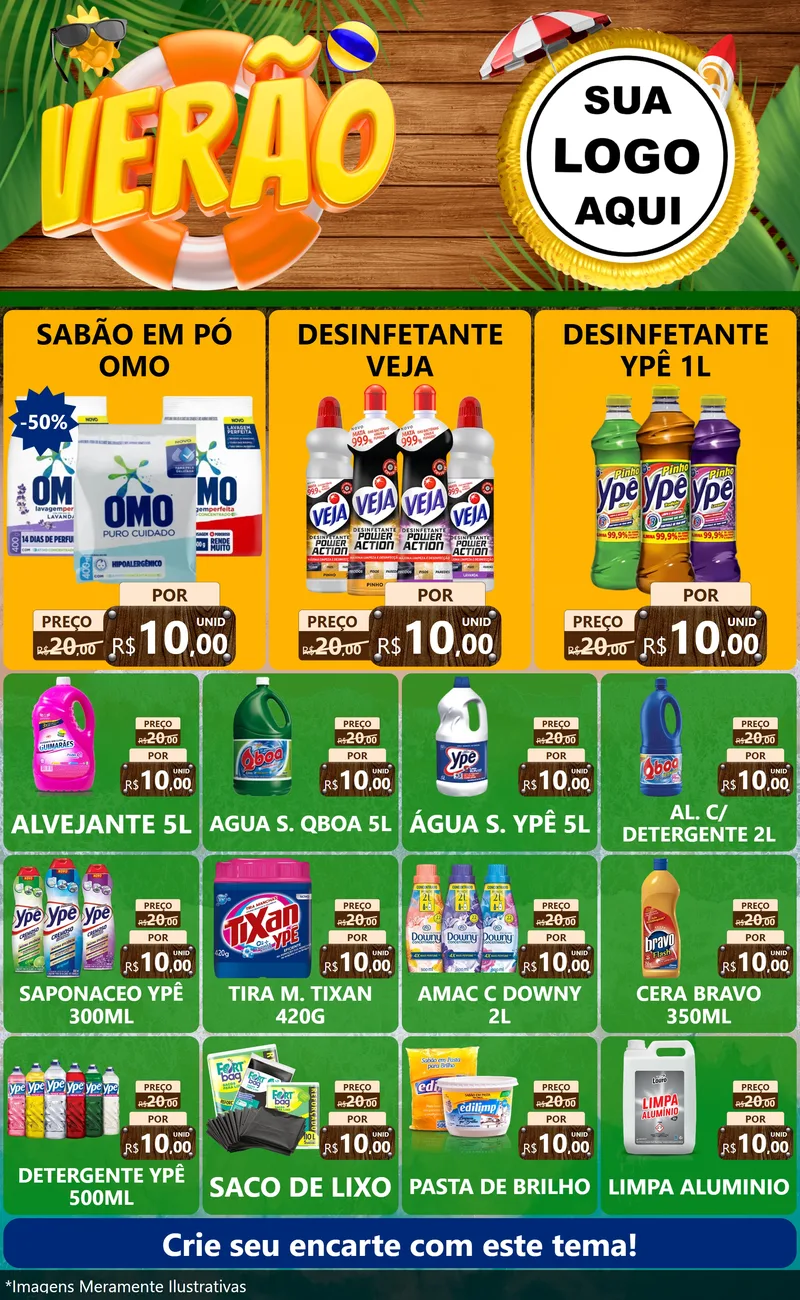 Modelo de Encarte para Encarte Grande com o tema Verão para Produtos de Limpeza