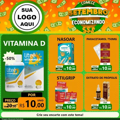 Modelo de Rede Social para Feed Facebook com o tema Comece Setembro Economizando para Farmácia