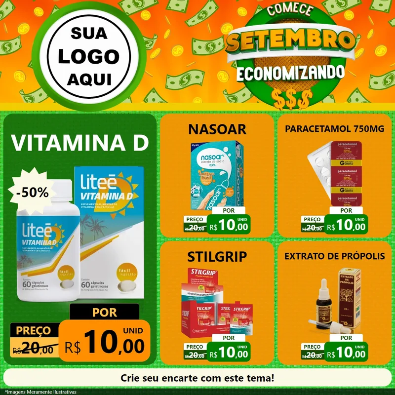 Modelo de Rede Social para Feed Facebook com o tema Comece Setembro Economizando para Farmácia