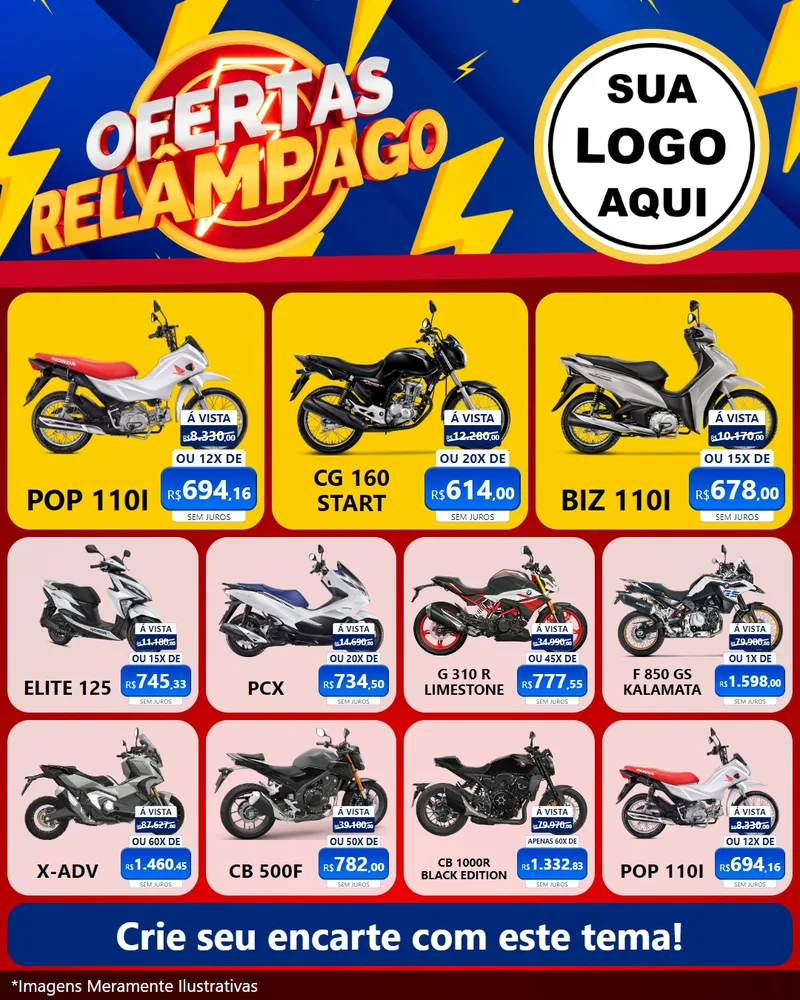 Modelo de Rede Social para Feed Instagram com o tema Ofertas Relâmpago para Concessionaria de Motos
