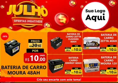 Modelo de Encarte para Encarte A4 Horizontal com o tema Julho Ofertas Imbatíveis para Baterias Elétricas