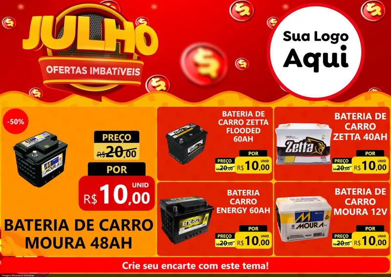Modelo de Encarte para Encarte A4 Horizontal com o tema Julho Ofertas Imbatíveis para Baterias Elétricas