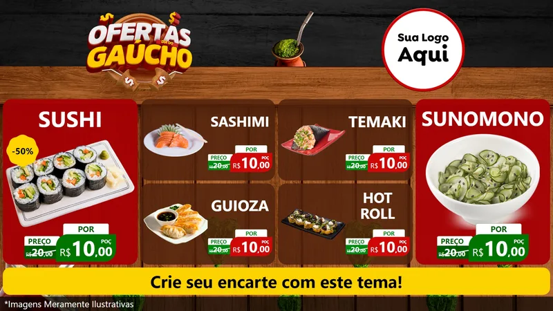 Modelo de TV para TV Horizontal com o tema Ofertas Dia do Gaúcho para Comida japonesa