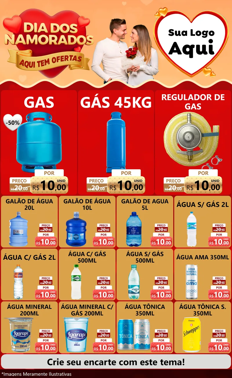 Modelo de Encarte para Encarte Grande com o tema Dia dos Namorados - Aqui Tem Ofertas para Água e gás