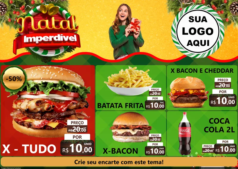 Modelo de Encarte para Encarte A4 Horizontal com o tema Natal Imperdível para Hamburgueria