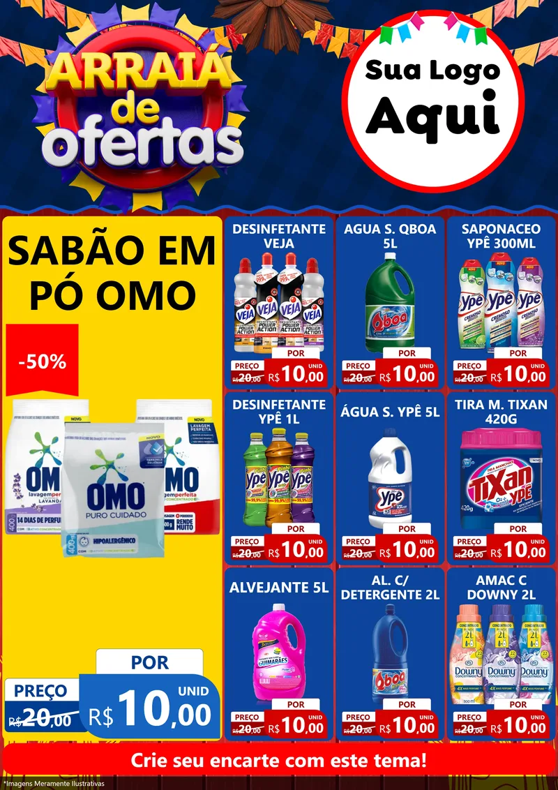 Modelo de Encarte para Encarte A4 Vertical com o tema Arraiá de Ofertas para Produtos de Limpeza