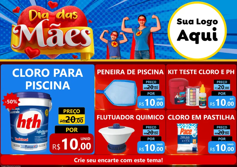 Modelo de Encarte para Encarte A4 Horizontal com o tema Dia das Mães para Produtos para Piscina