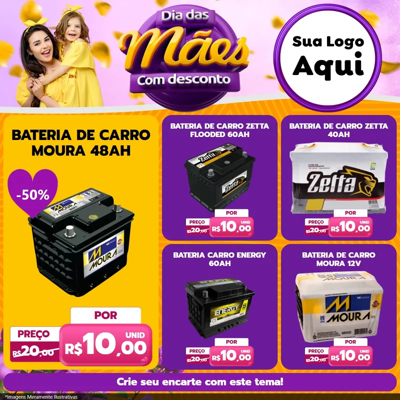 Modelo de Rede Social para Feed Facebook com o tema Dia das Mães com Desconto para Baterias Elétricas