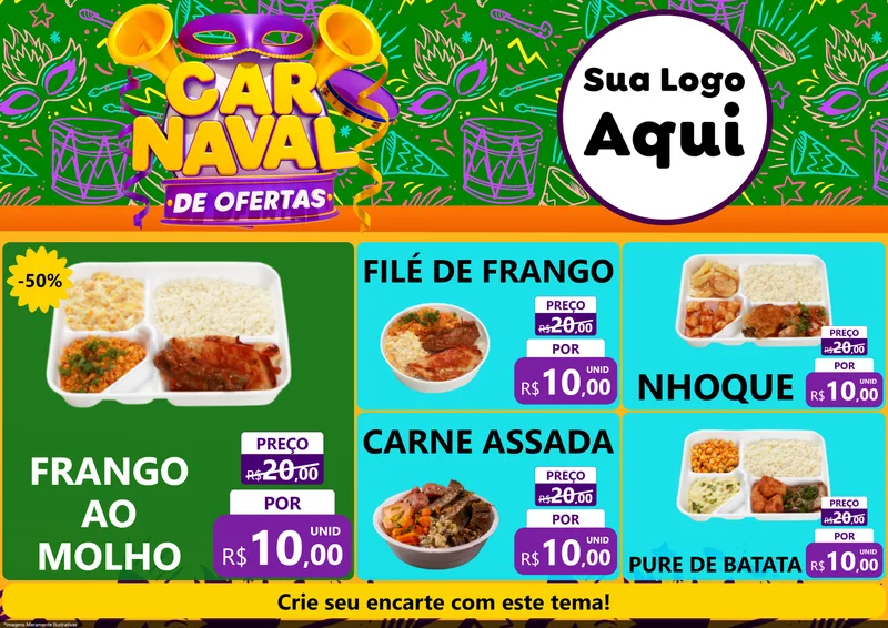 Modelo de Encarte para Encarte A4 Horizontal com o tema Carnaval de Ofertas para Restaurante
