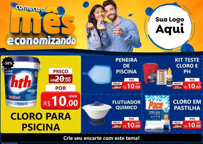 Modelo de Encarte para Encarte A4 Horizontal com o tema Comece O Mês Economizando para Produtos para Piscina