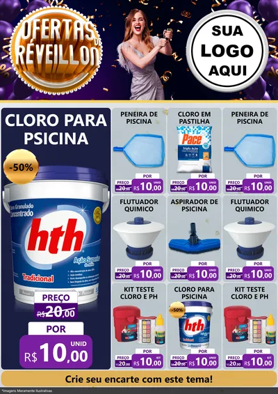 Modelo de Encarte para Encarte A4 Vertical com o tema Ofertas de Réveillon para Produtos para Piscina