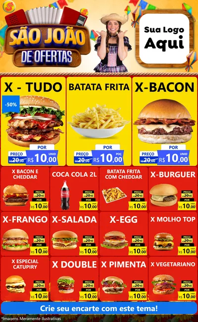 Modelo de Encarte para Encarte Grande com o tema São João de Ofertas para Hamburgueria