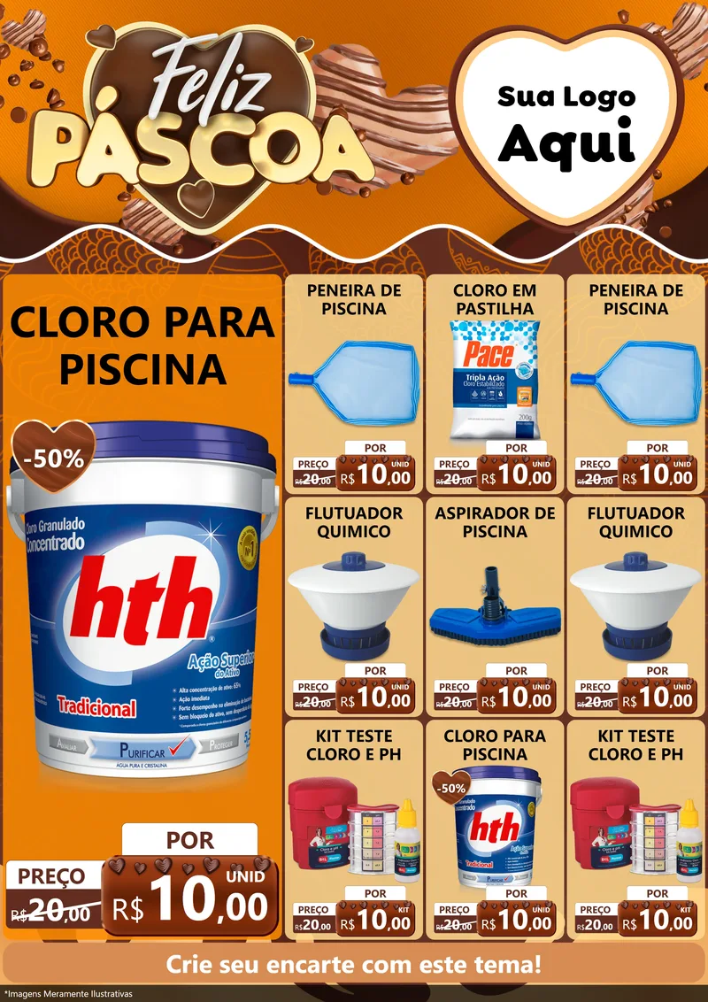 Modelo de Encarte para Encarte A4 Vertical com o tema Feliz Páscoa para Produtos para Piscina