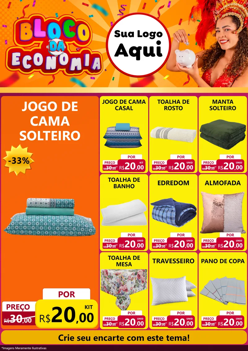 Modelo de Encarte para Encarte A4 Vertical com o tema Bloco da Economia para Cama, Mesa e Banho