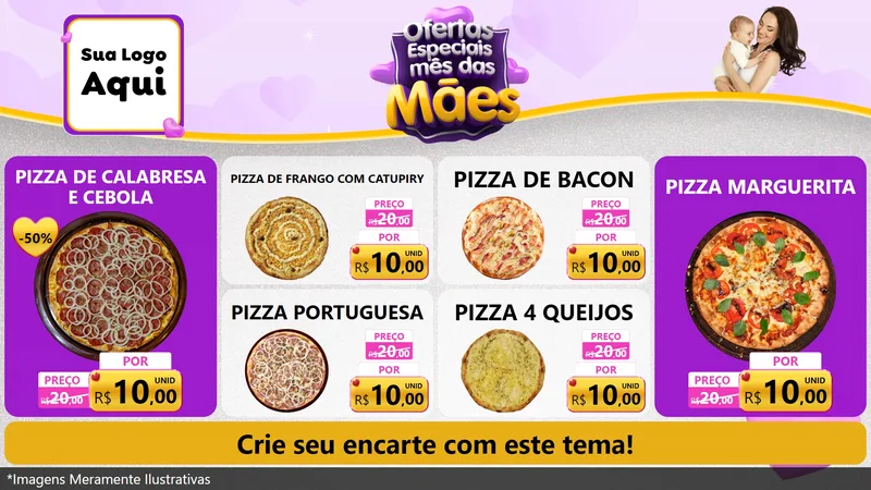 Modelo de TV para TV Horizontal com o tema Ofertas Especiais - Mês das Mães para Pizzaria