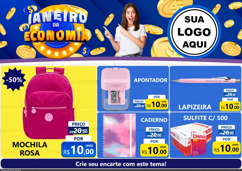 Modelo de Encarte para Encarte A4 Horizontal com o tema Janeiro da Economia para Papelaria