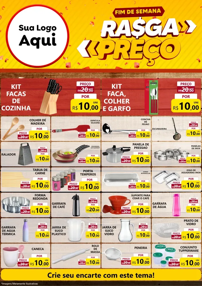 Modelo de Encarte para Encarte A4 Vertical com o tema Fim de Semana Rasga Preços para Utilidades Domésticas