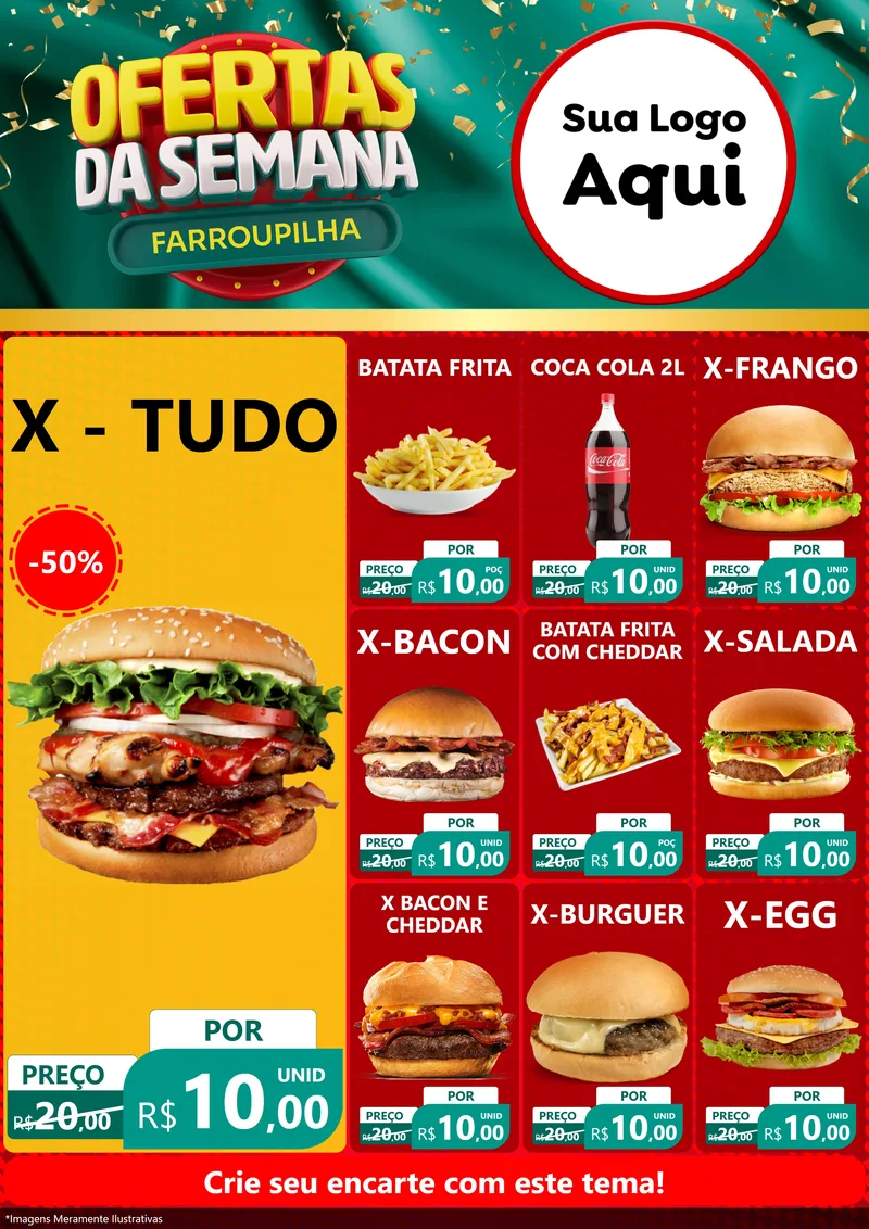 Modelo de Encarte para Encarte A4 Vertical com o tema Ofertas da Semana Farroupilha para Hamburgueria