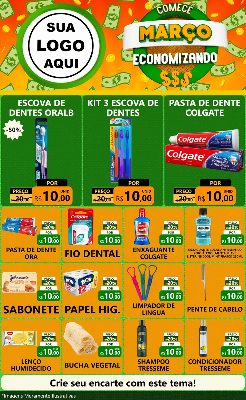 Modelo de Encarte para Encarte Grande com o tema Comece Março Economizando para Higiene Pessoal