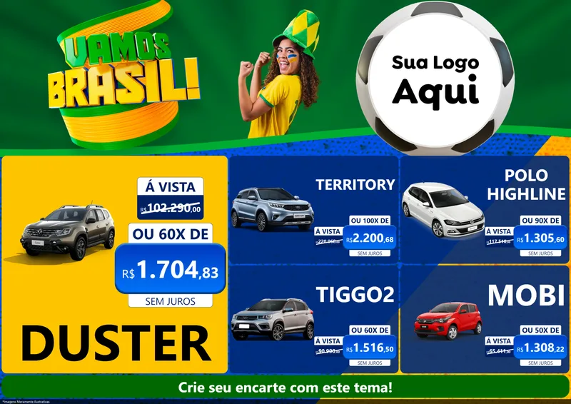 Modelo de Encarte para Encarte A4 Horizontal com o tema Vamos Brasil - Copa para Concessionaria de Carros