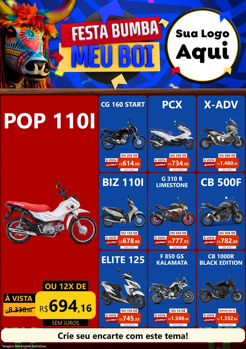 Modelo de Encarte para Encarte A4 Vertical com o tema Festa Bumba meu Boi para Concessionaria de Motos