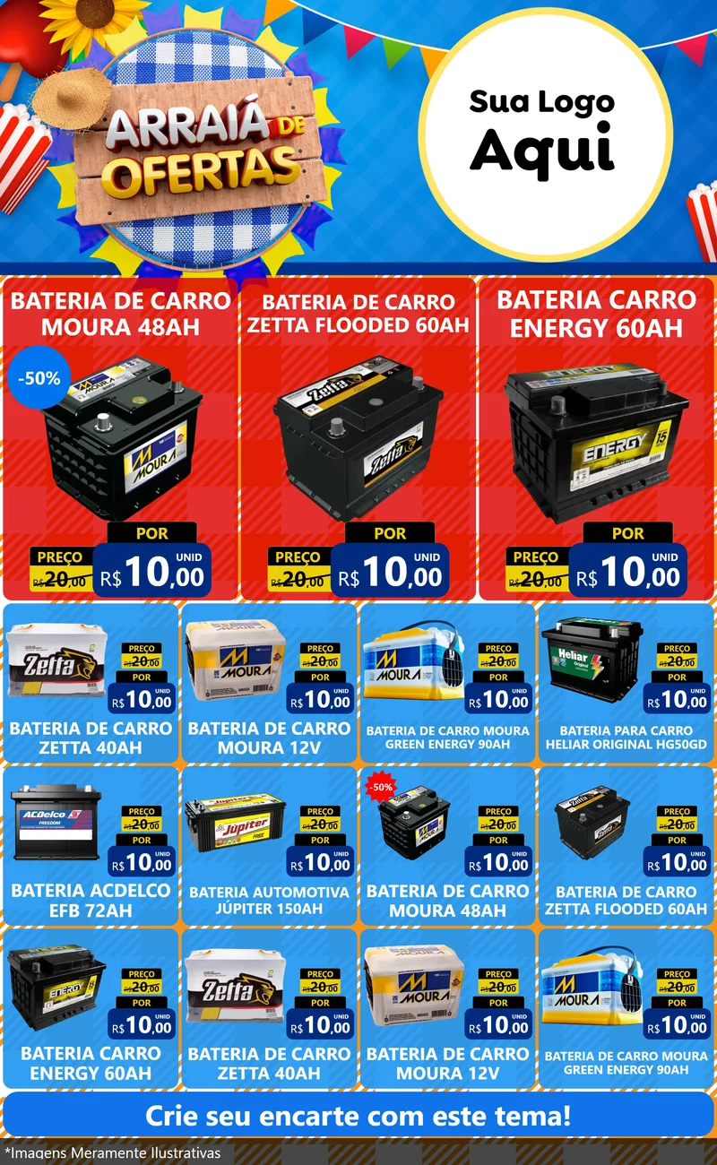 Modelo de Encarte para Encarte Grande com o tema Arraiá de Ofertas para Baterias Elétricas