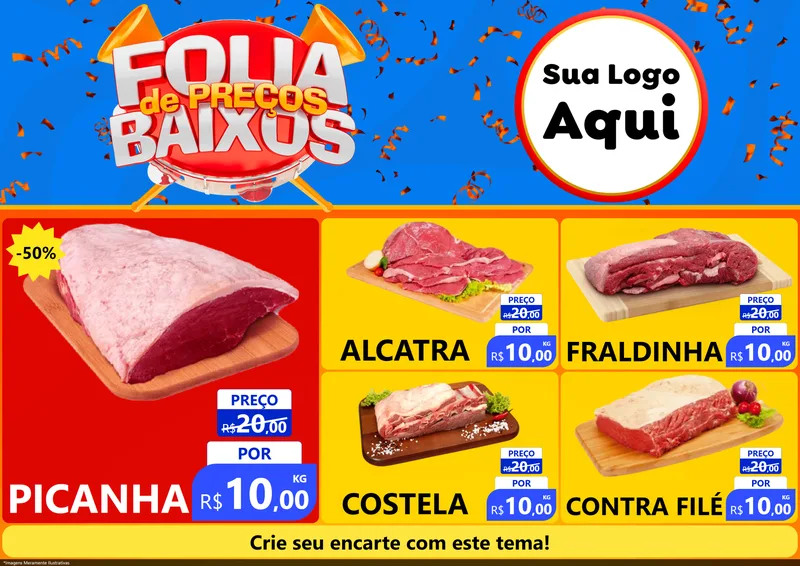 Modelo de Encarte para Encarte A4 Horizontal com o tema Folia de Preços Baixos para Açougue
