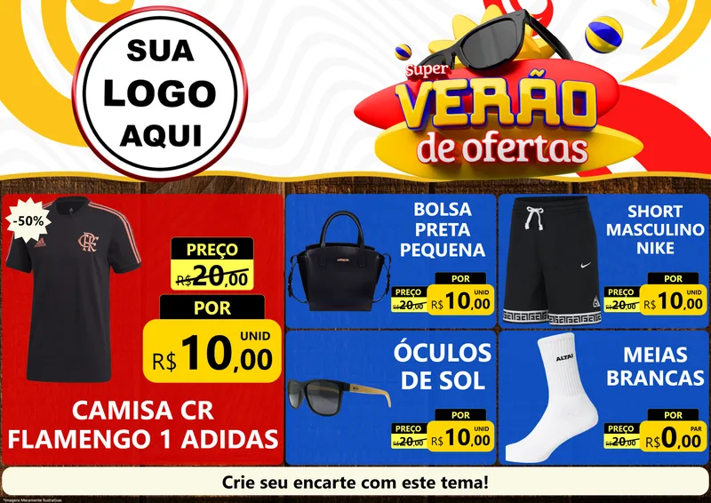 Modelo de Encarte para Encarte A4 Horizontal com o tema Super Verão de Ofertas para Roupas e acessórios