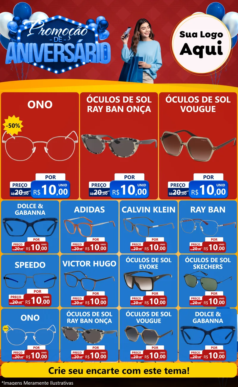Modelo de Encarte para Encarte Grande com o tema Promoção de Aniversário para Óticas
