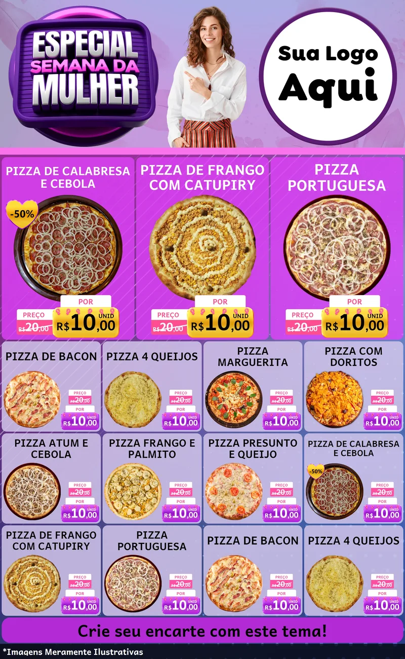 Modelo de Encarte para Encarte Grande com o tema Especial Semana da Mulher para Pizzaria