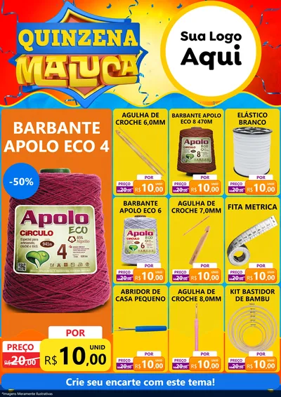Modelo de Encarte para Encarte A4 Vertical com o tema Quinzena Maluca para Armarinho e Aviamentos