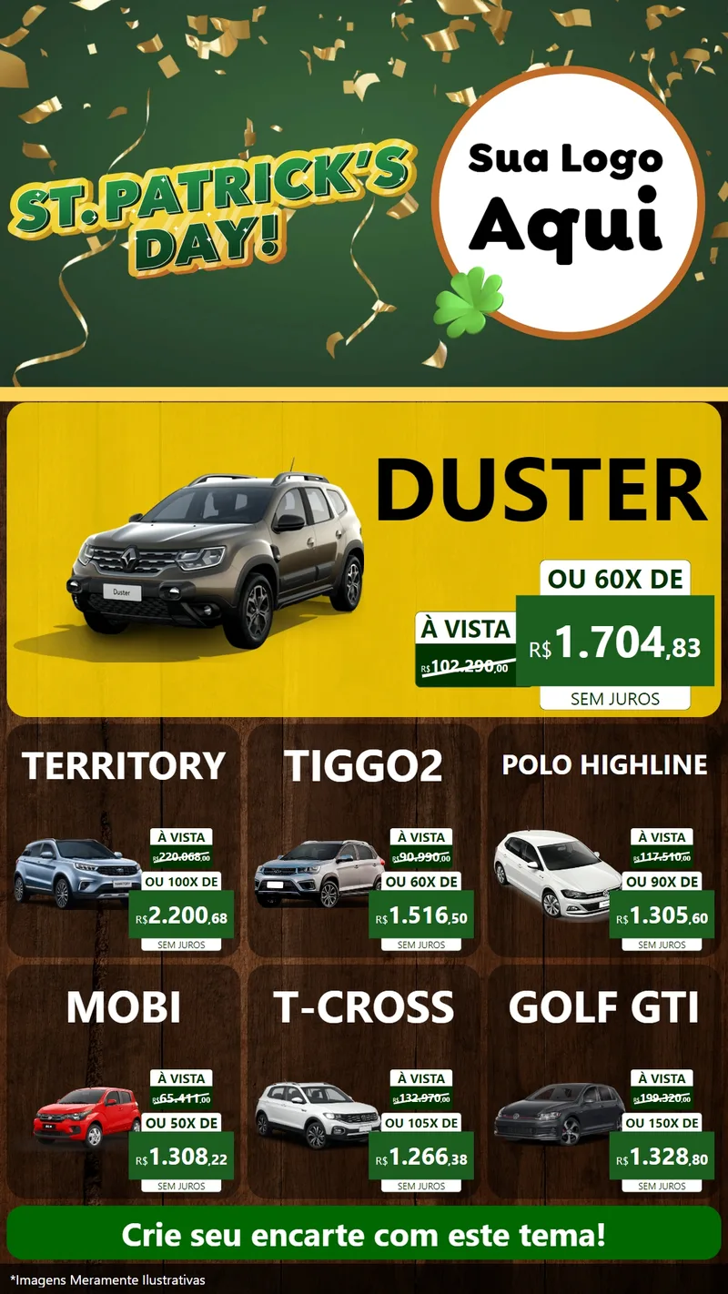 Modelo de Rede Social para Stories com o tema St Patriks Day para Concessionaria de Carros