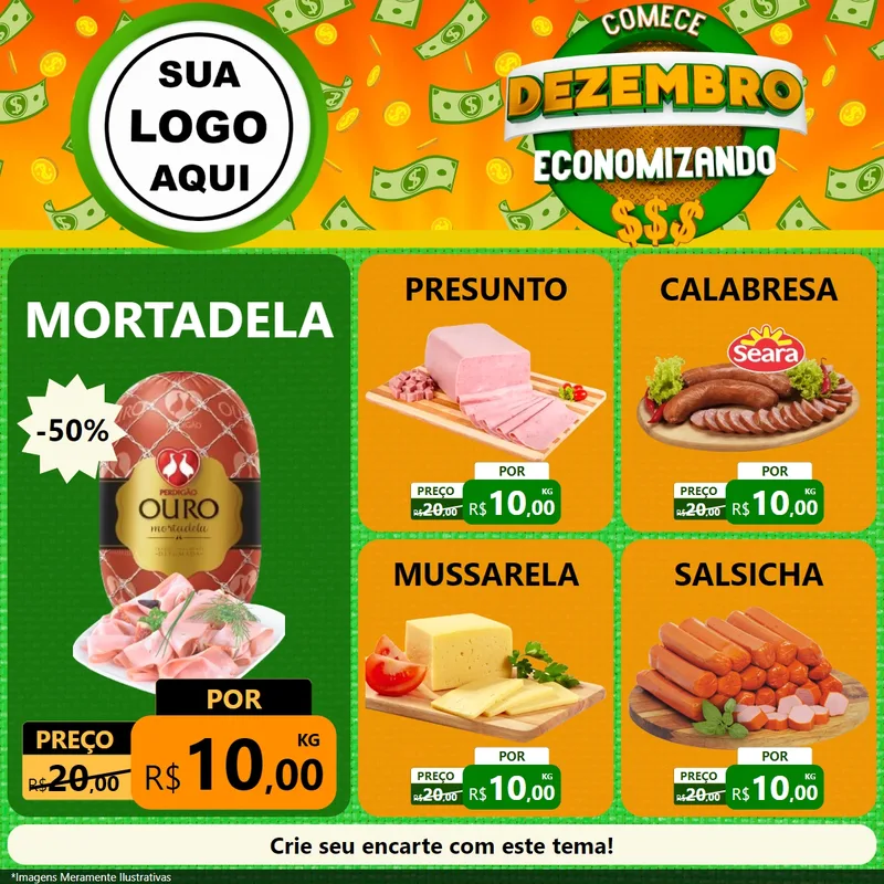 Modelo de Rede Social para Feed Facebook com o tema Comece Dezembro Economizando para Frios e Laticínios