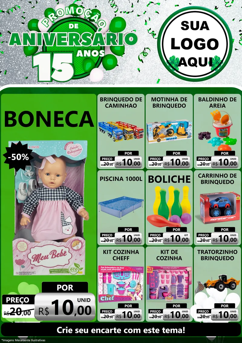 Modelo de Encarte para Encarte A4 Vertical com o tema Promoção de Aniversário - 15 Anos para Brinquedos