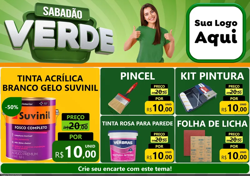 Modelo de Encarte para Encarte A4 Horizontal com o tema Sabadão Verde para Tintas e Ferramentas