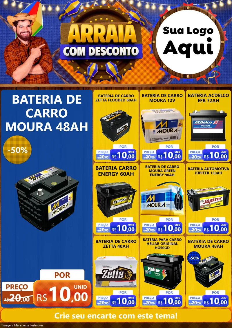 Modelo de Encarte para Encarte A4 Vertical com o tema Arraiá Com Desconto para Baterias Elétricas