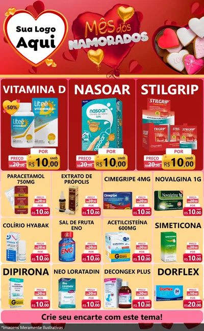 Modelo de Encarte para Encarte Grande com o tema Mês dos Namorados para Farmácia