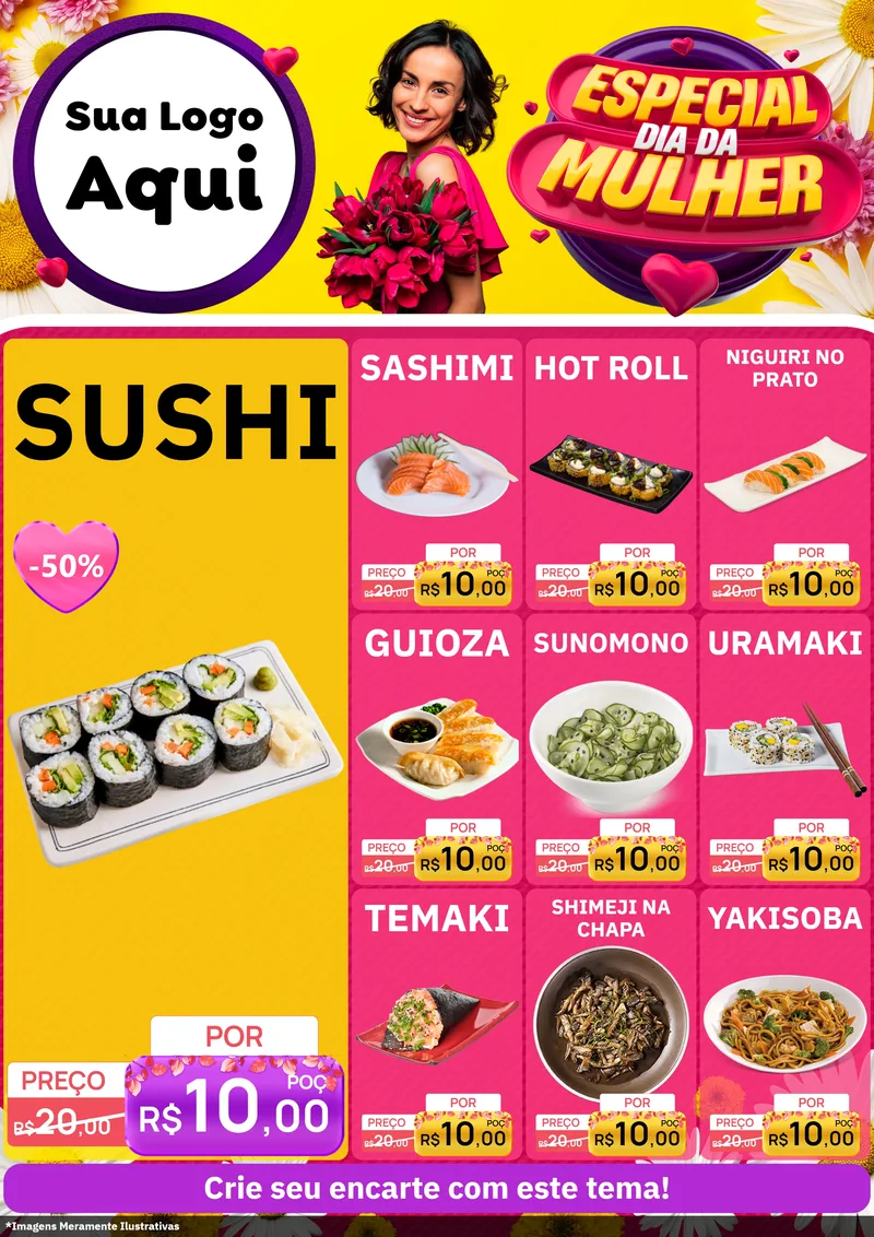 Modelo de Encarte para Encarte A4 Vertical com o tema Especial Dia da Mulher para Comida japonesa