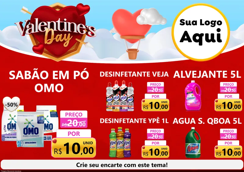 Modelo de Encarte para Encarte A4 Horizontal com o tema Valentine's Day para Produtos de Limpeza