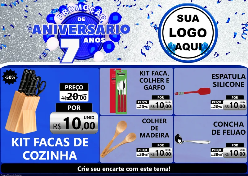 Modelo de Encarte para Encarte A4 Horizontal com o tema Promoção de Aniversário - 7 Anos para Utilidades Domésticas