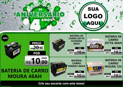 Modelo de Encarte para Encarte A4 Horizontal com o tema Promoção de Aniversário - 4 Anos para Baterias Elétricas