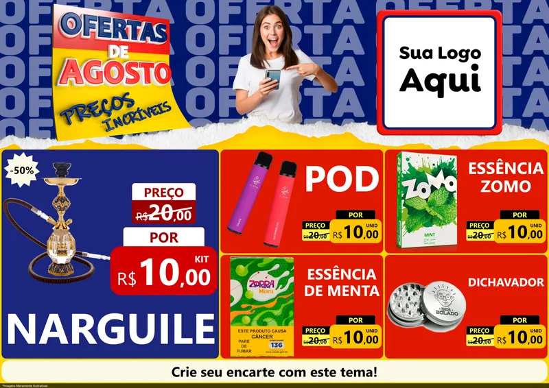 Modelo de Encarte para Encarte A4 Horizontal com o tema Ofertas de Agosto - Preços Incríveis para Tabacaria