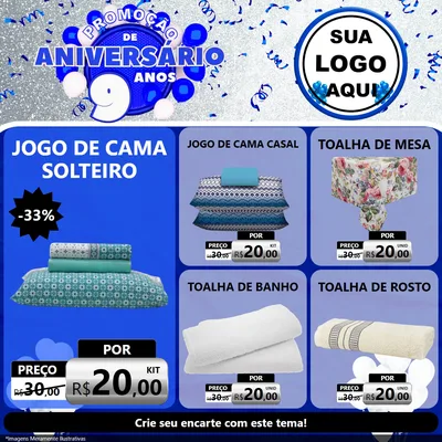 Modelo de Rede Social para Feed Facebook com o tema Promoção de Aniversário - 9 Anos para Cama, Mesa e Banho