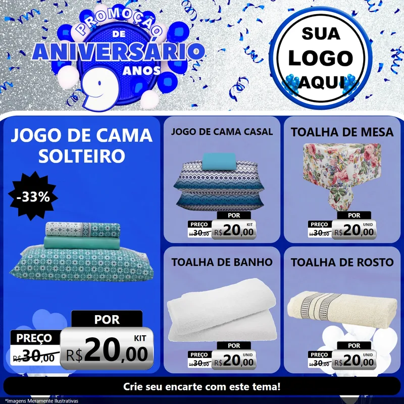 Modelo de Rede Social para Feed Facebook com o tema Promoção de Aniversário - 9 Anos para Cama, Mesa e Banho