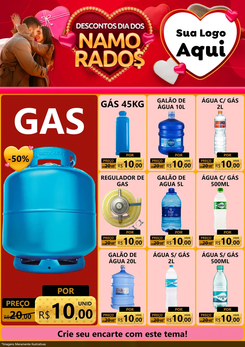 Modelo de Encarte para Encarte A4 Vertical com o tema Descontos Dia dos Namorados para Água e gás