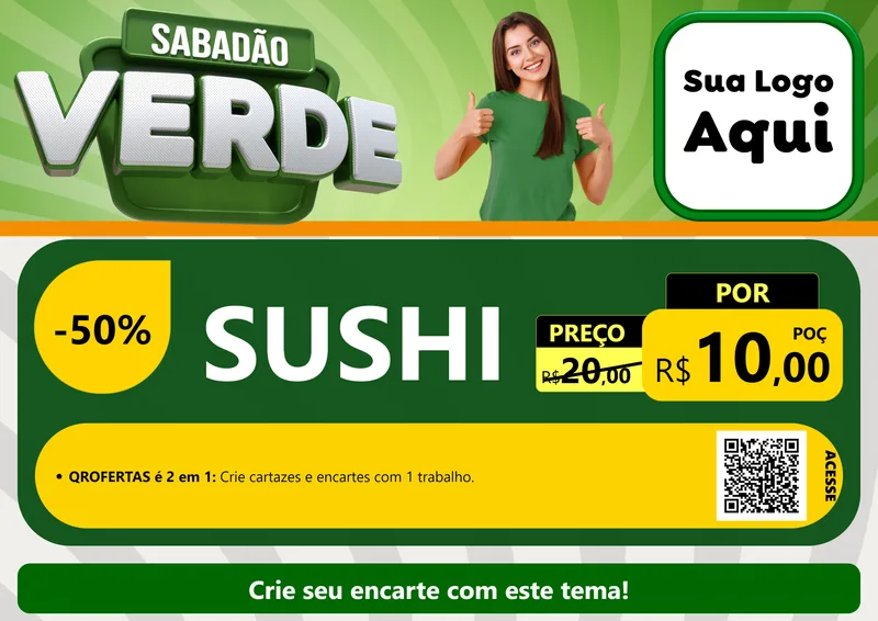 Modelo de Cartaz para Cartaz A4 Horizontal com o tema Sabadão Verde para Comida japonesa