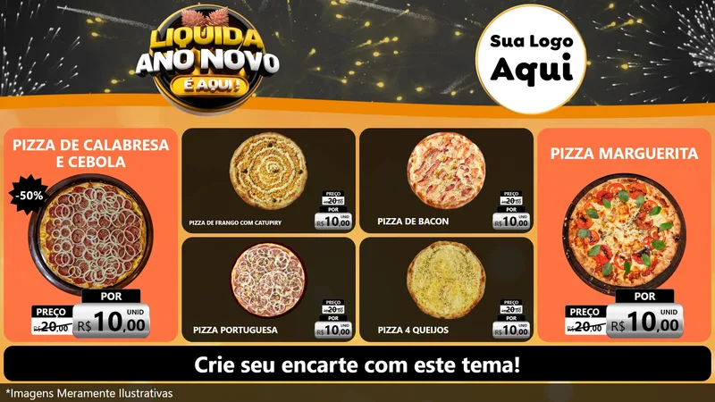 Modelo de TV para TV Horizontal com o tema Liquida Ano Novo É Aqui! para Pizzaria