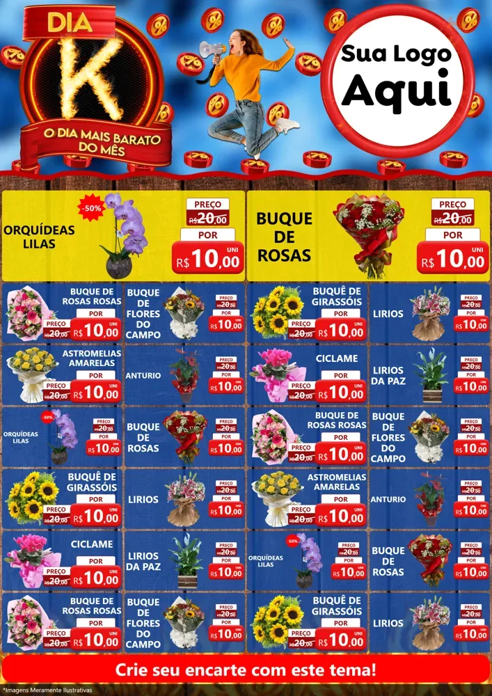 Modelo de Encarte para Encarte A4 Vertical com o tema Dia K - O Dia Mais Barato Do Mês para Floricultura e jardim